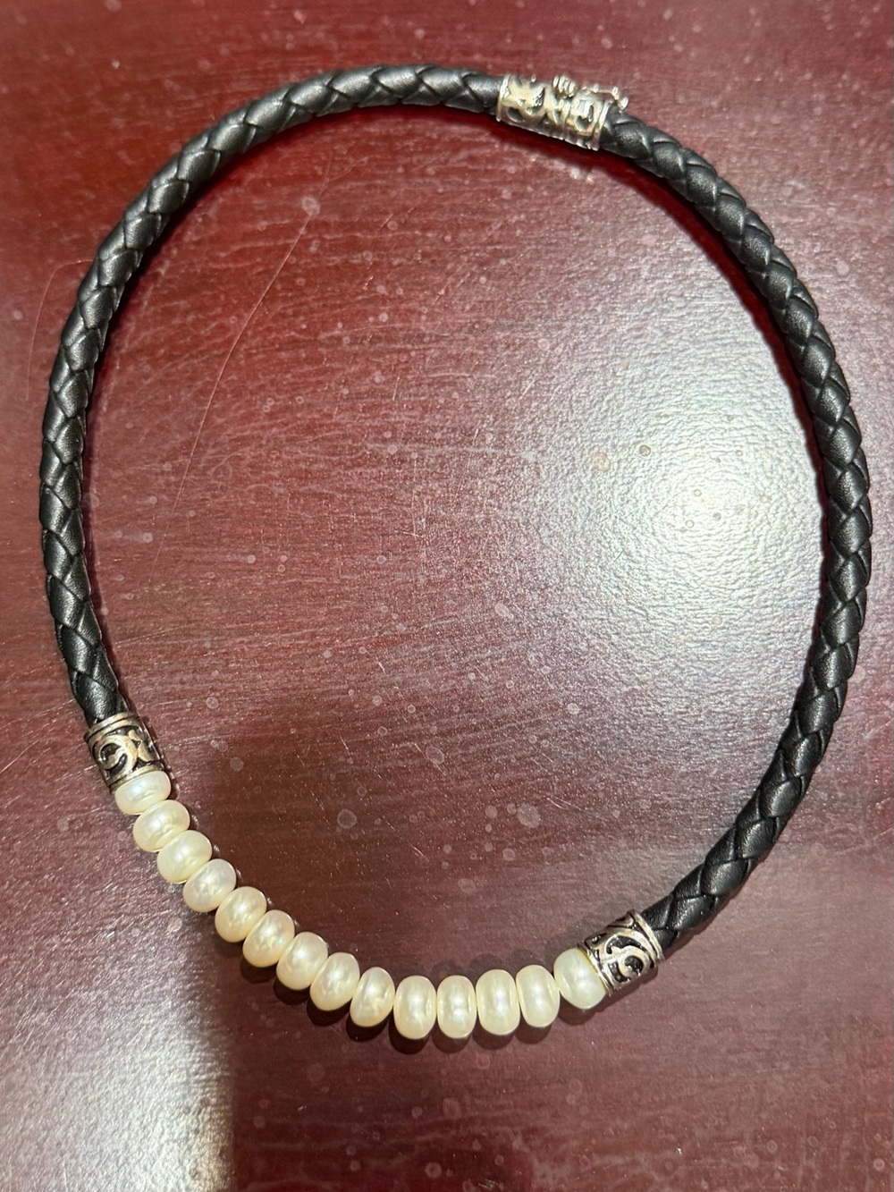 Black Braided Leather Necklace with Cream Pearl Beads
